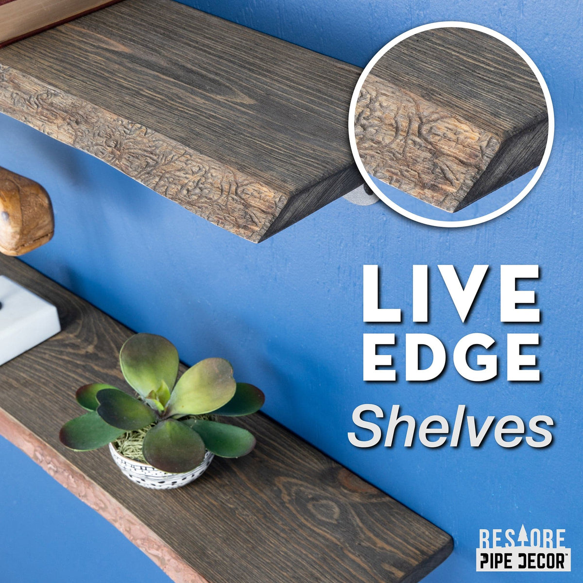 24” Boulder Black Live Edge Wood Shelf with L-Shaped Pipe Brackets (2-Pack)