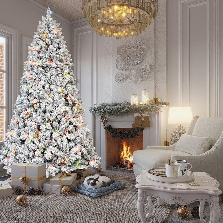 7FT Flocked Christmas Tree with 500 Colorful UL Lights, artificial Christmas tree for festive holiday home decor from Cedar & Spice Gifts