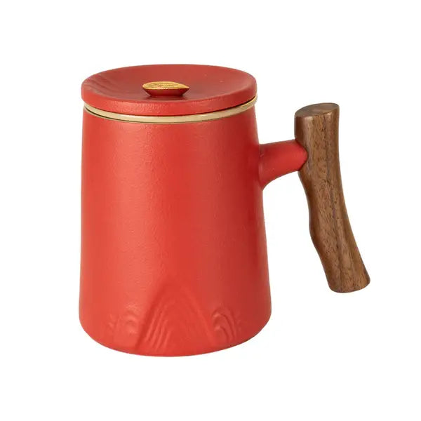 Orange Porcelain Mug with Infuser & Lid – 12 fl.oz. with Japanese-Style Wooden Handle