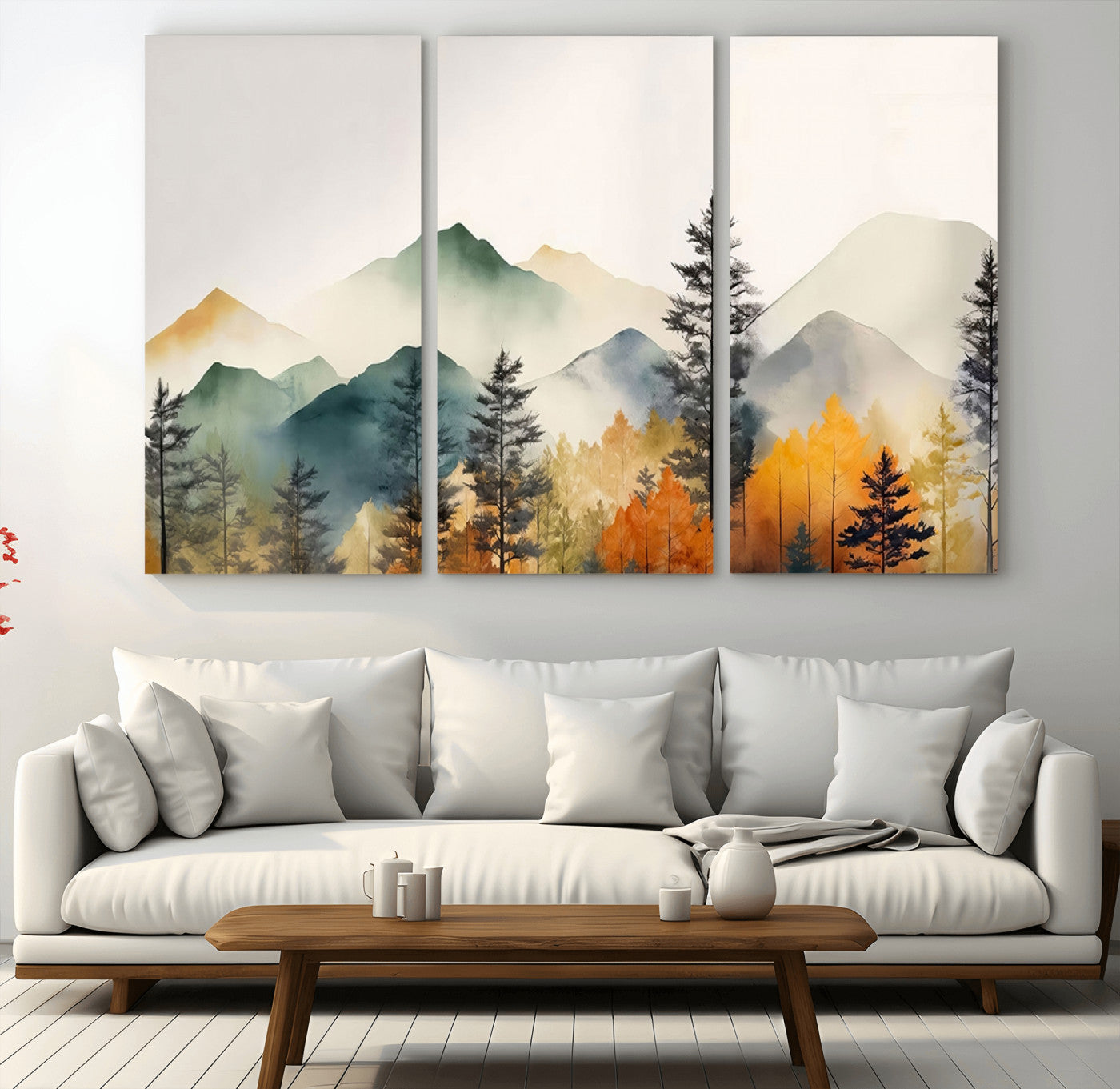Abstract Watercolor Mountains and Trees Autumn Wall Art,