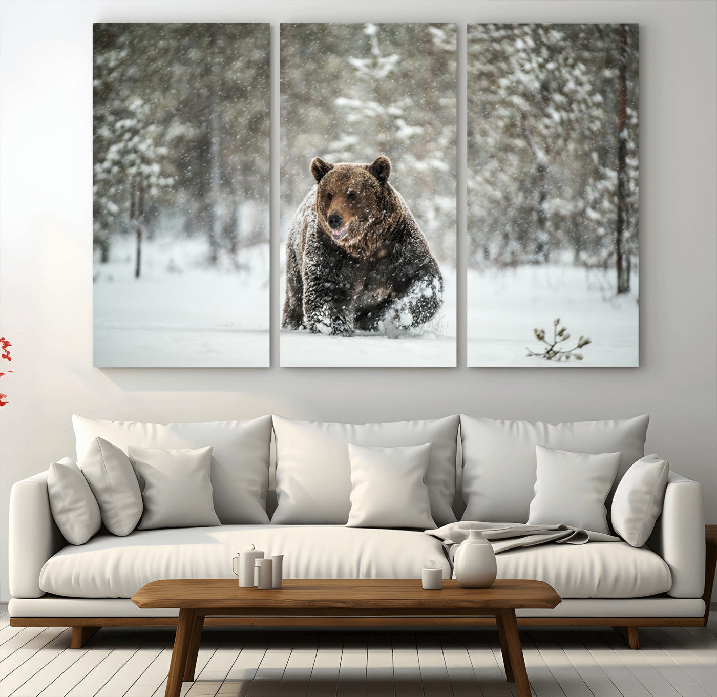 Grizzly Bear Wall Art – Framed Snowy Forest Canvas Artwork,