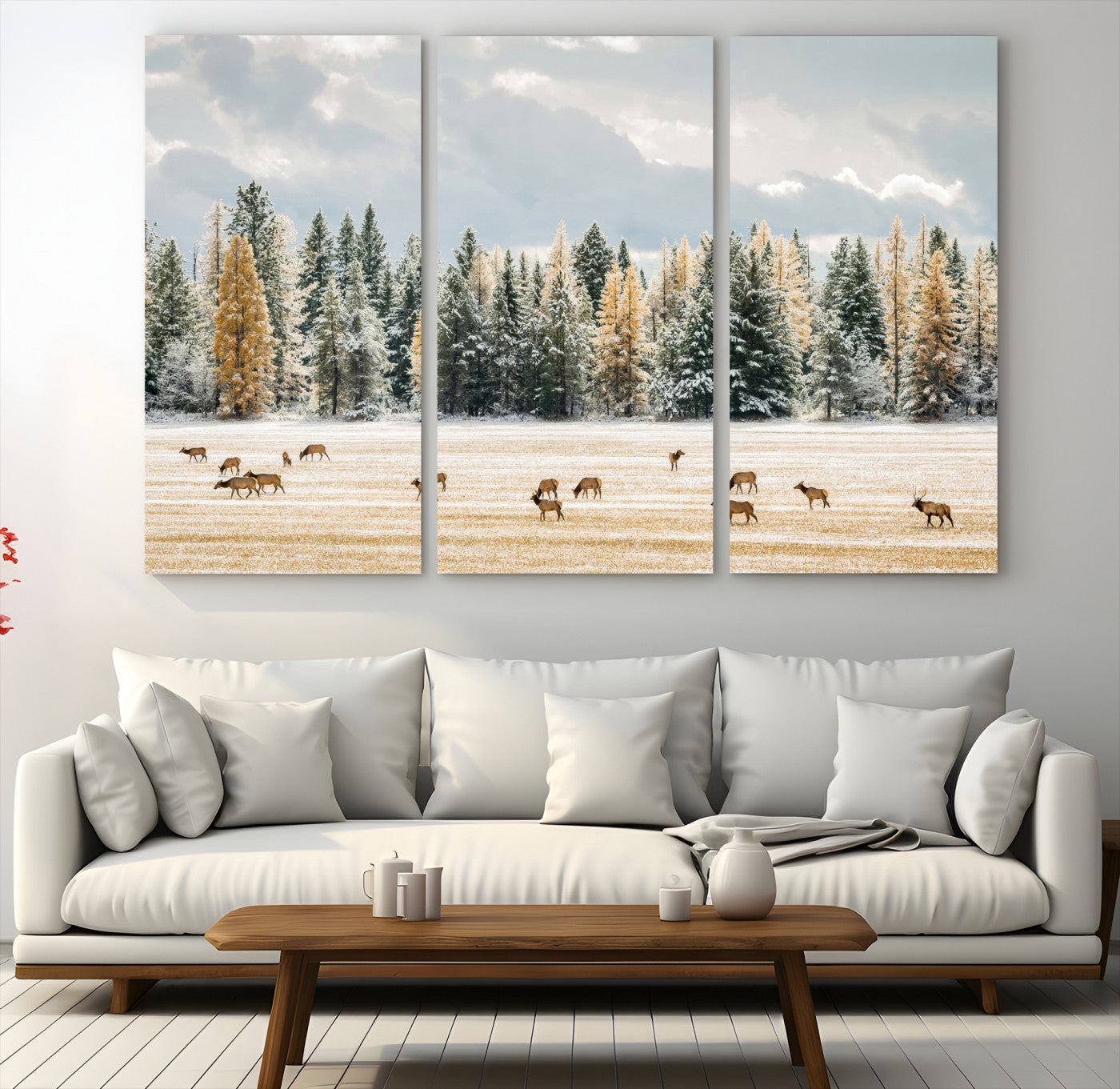 Elk Herd Wall Art – Framed Snowy Forest Canvas Artwork,