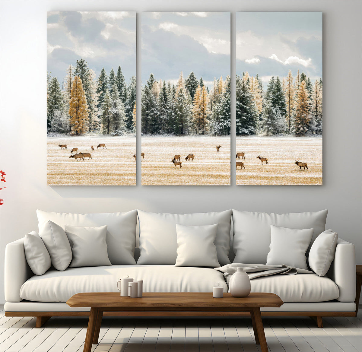 Elk Herd Wall Art – Framed Snowy Forest Canvas Artwork,