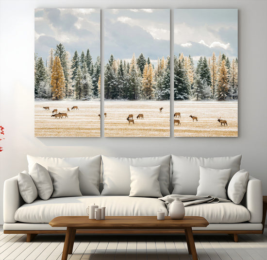 Elk Herd Wall Art – Framed Snowy Forest Canvas Artwork,