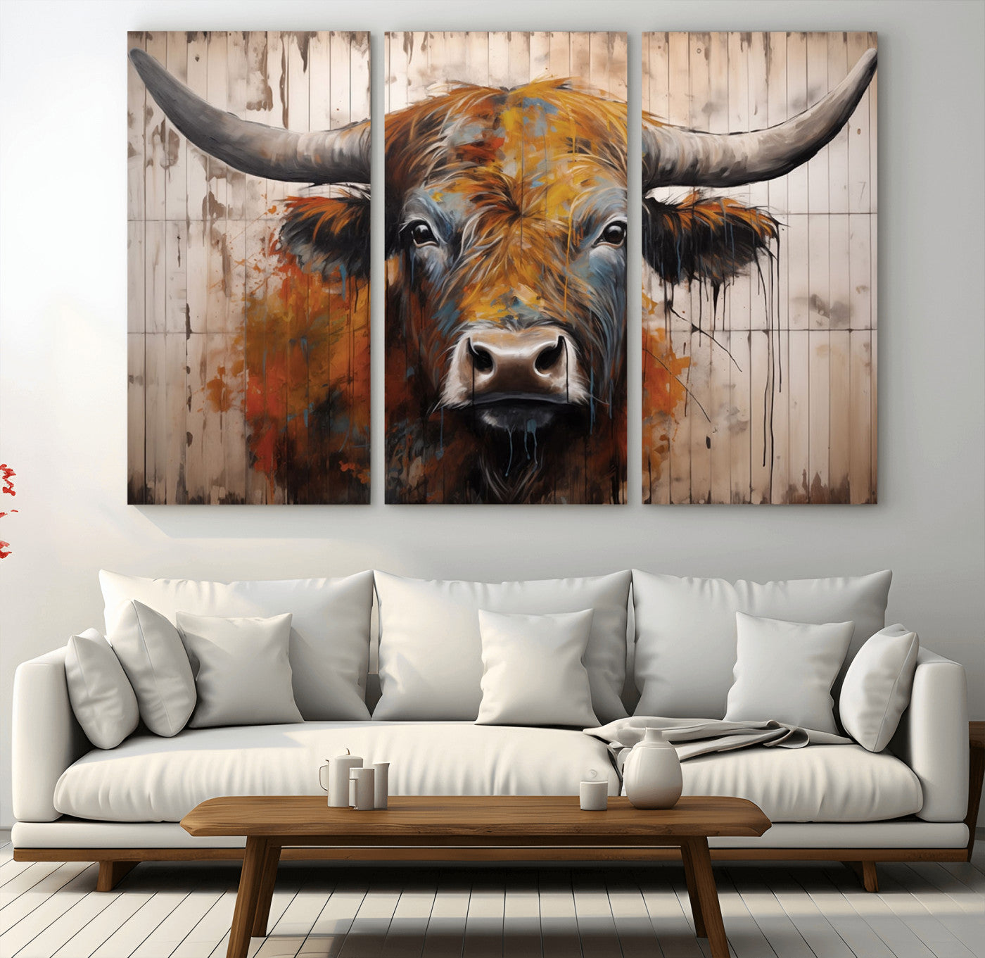 Scottish Highland Cow Cattle Art Print on Wood Style