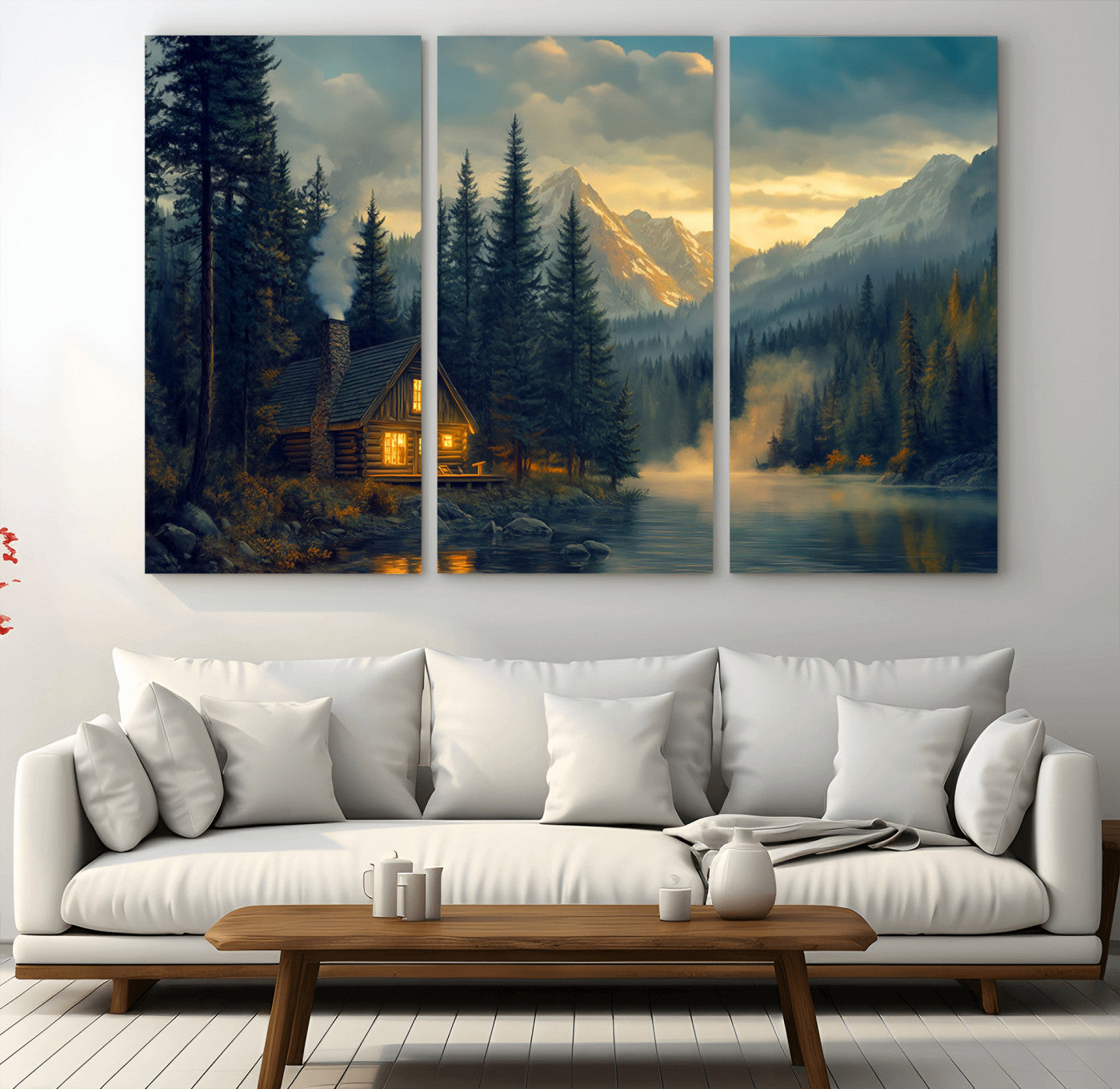 Mountain Cabin by the Lake at Sunset Wall Art - Serene