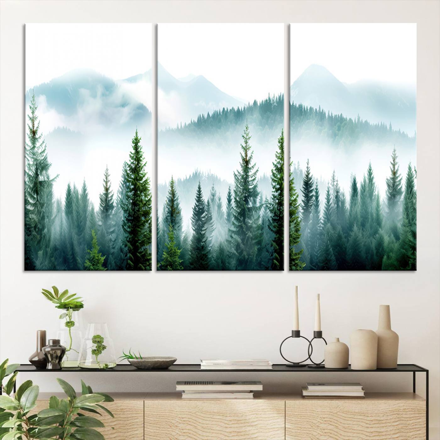 Pine Forest Wall Art Canvas Print – Misty Mountains Foggy