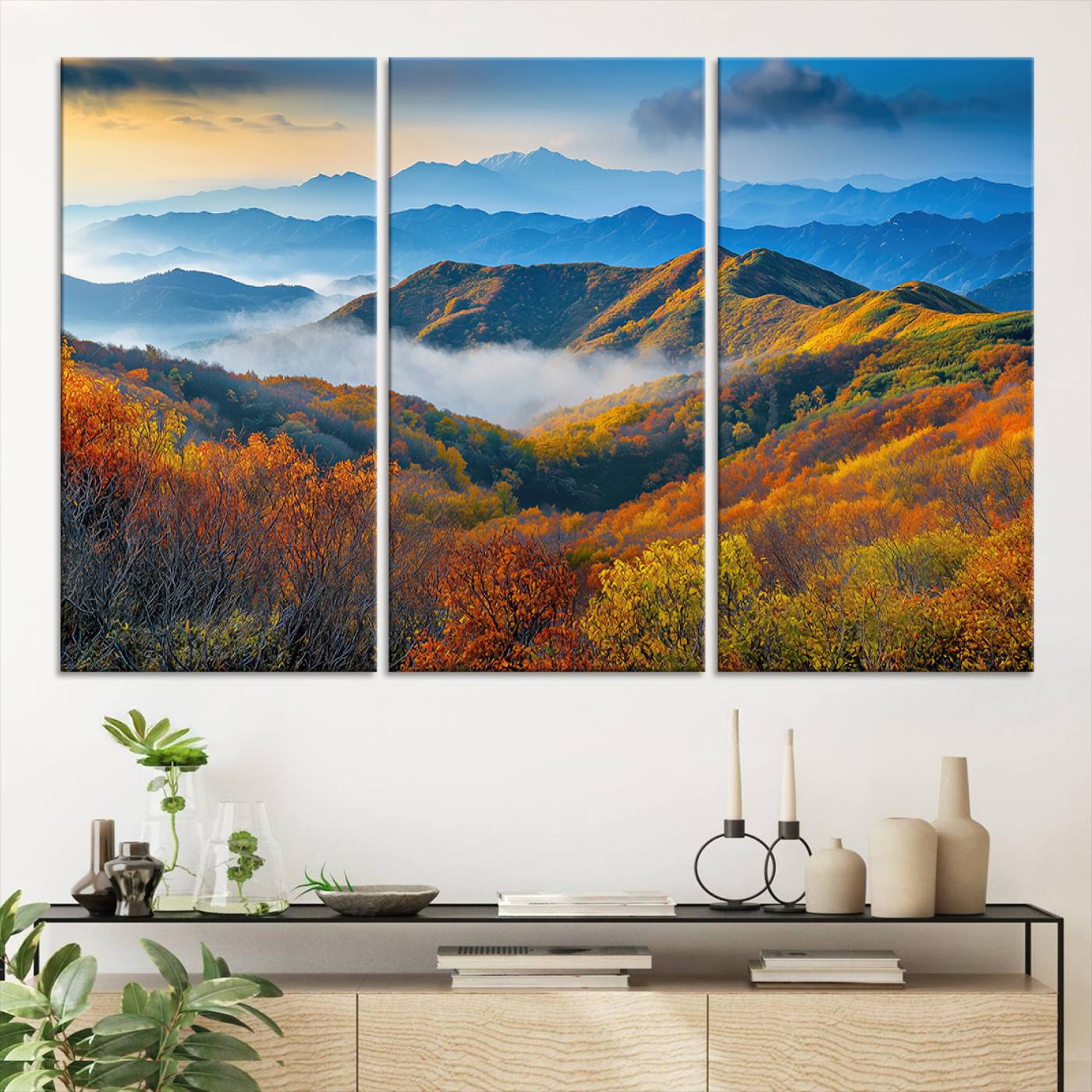 Autumn Mountains Wall Art Canvas Print – Foggy Peaks