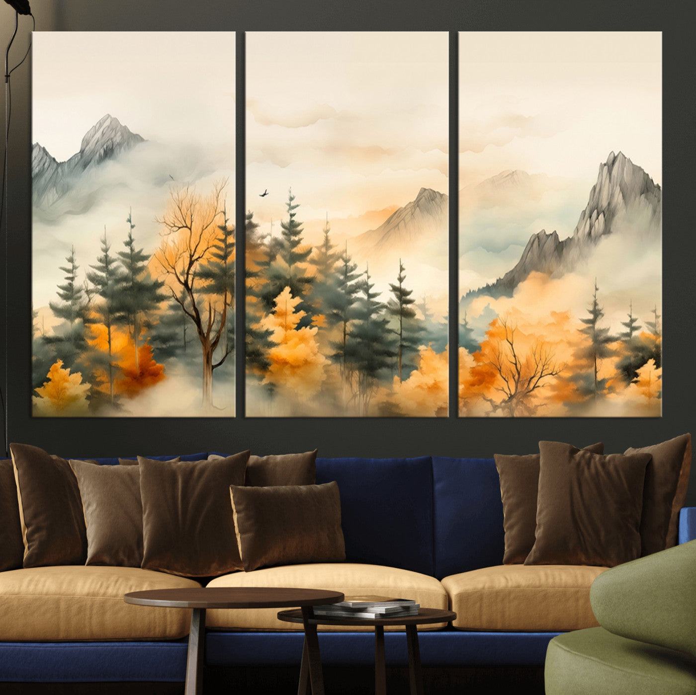Abstract Watercolor Mountains and Trees Autumn Art,