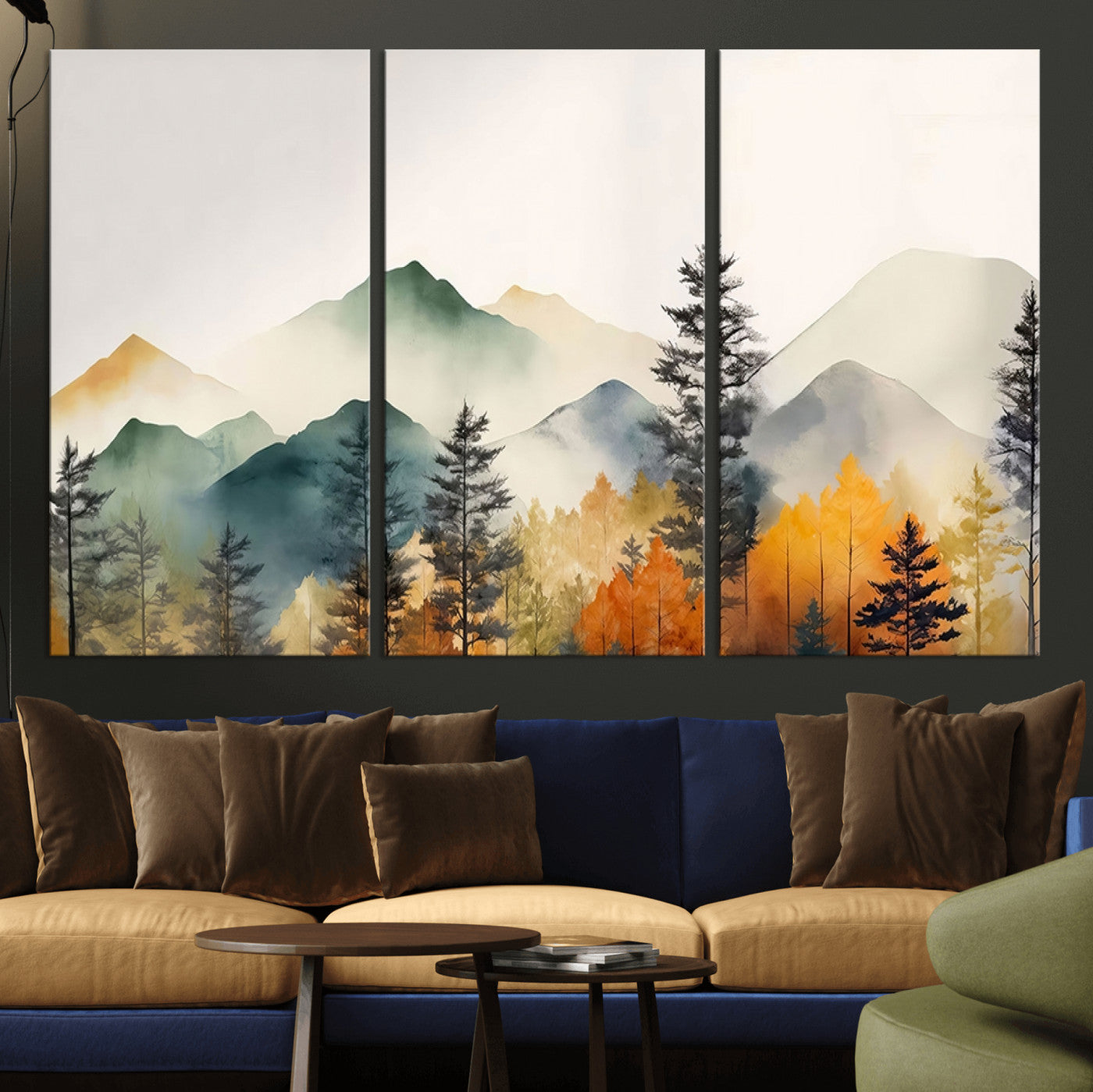 Abstract Watercolor Mountains and Trees Autumn Wall Art,