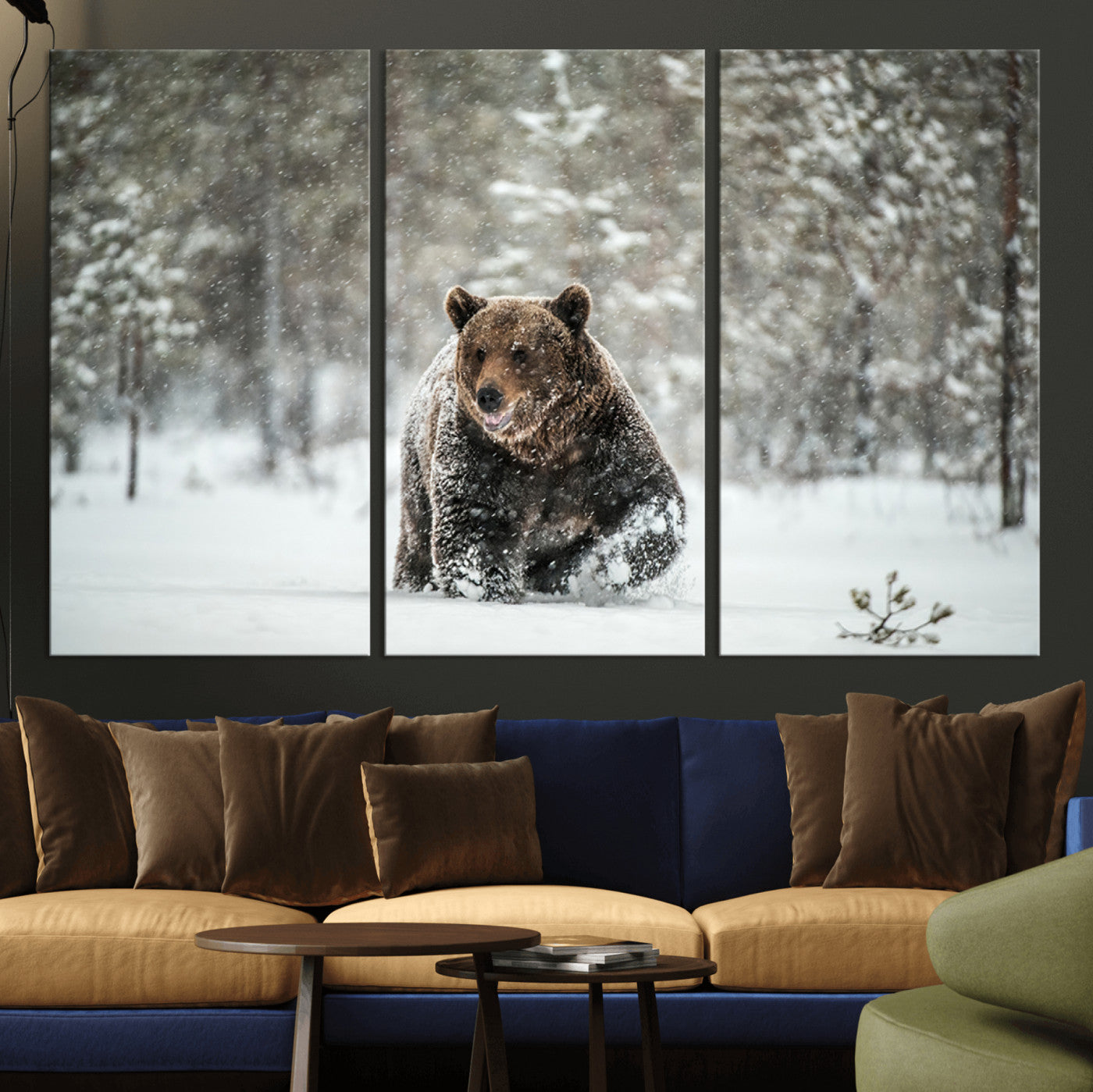 Grizzly Bear Wall Art – Framed Snowy Forest Canvas Artwork,