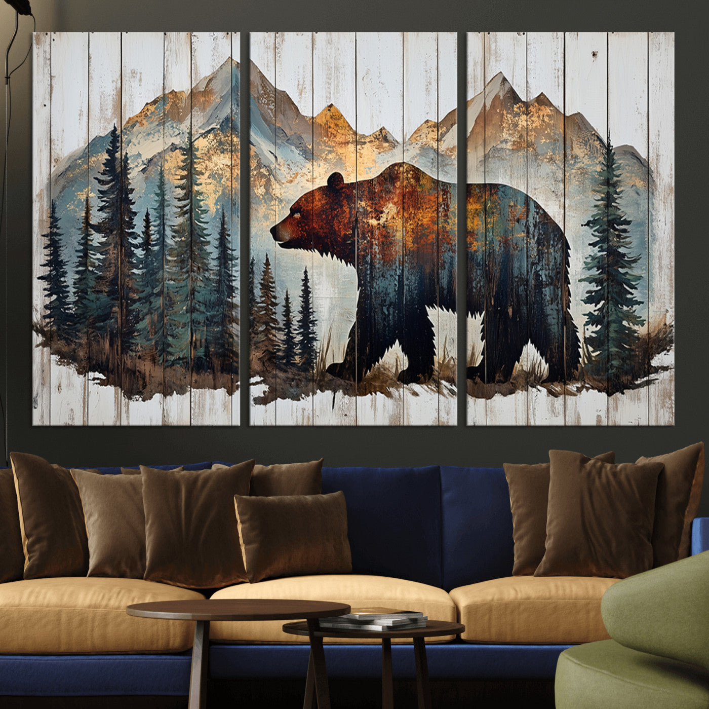 Rustic Grizzly 399 Bear and Mountain Wood Canvas Wall Art -
