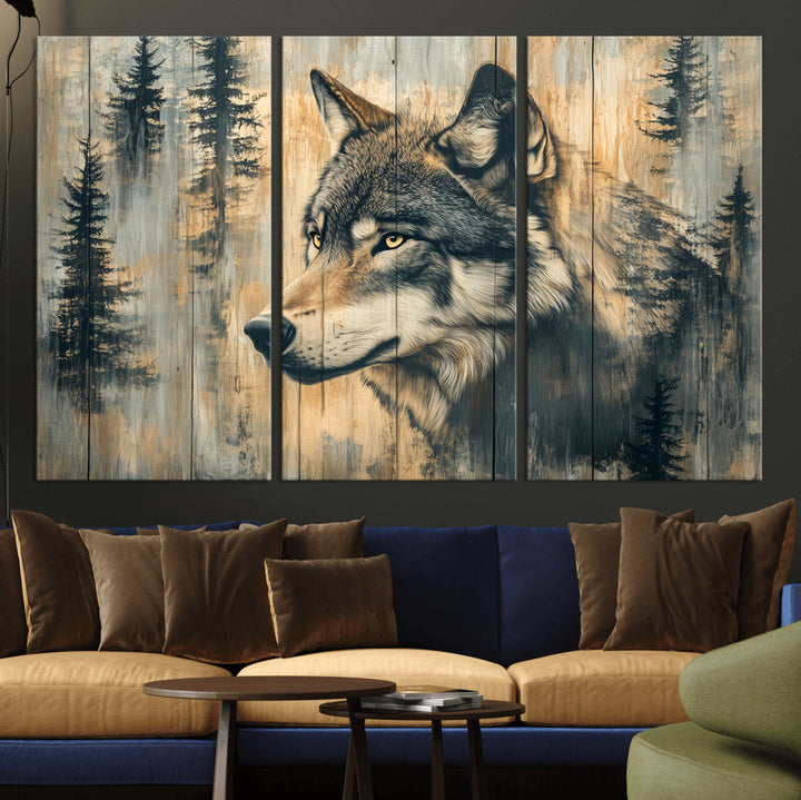 Wood Style Rustic Wolf Wall Art Canvas Print, Vintage