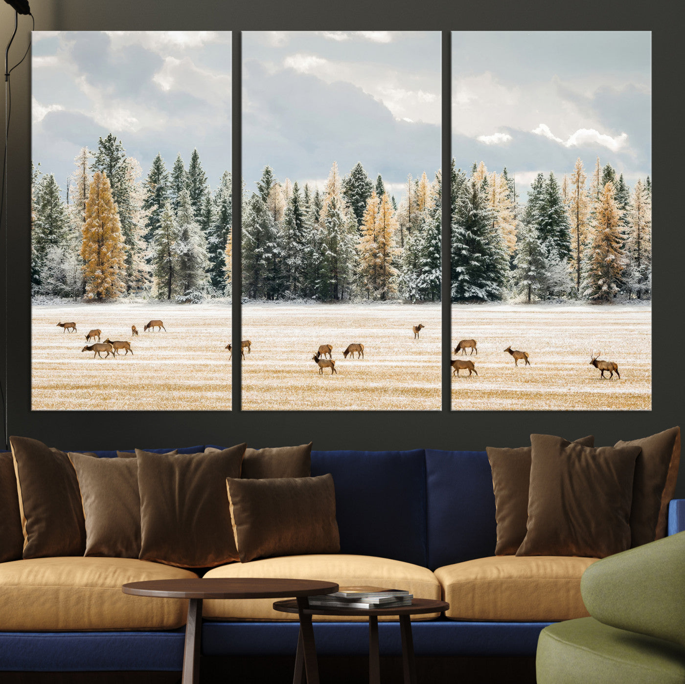 Elk Herd Wall Art – Framed Snowy Forest Canvas Artwork,