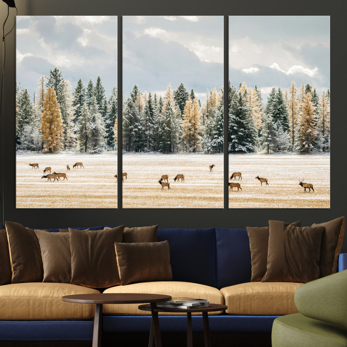 Elk Herd Wall Art – Framed Snowy Forest Canvas Artwork,