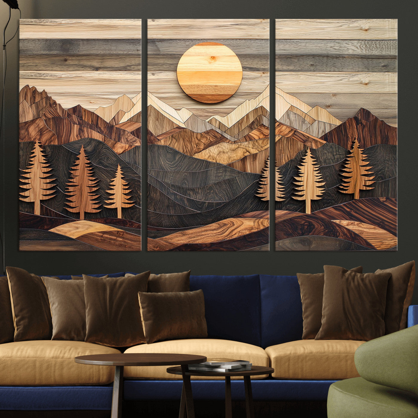 Wooden Mountain Layers Art – Rustic Pine Tree Landscape
