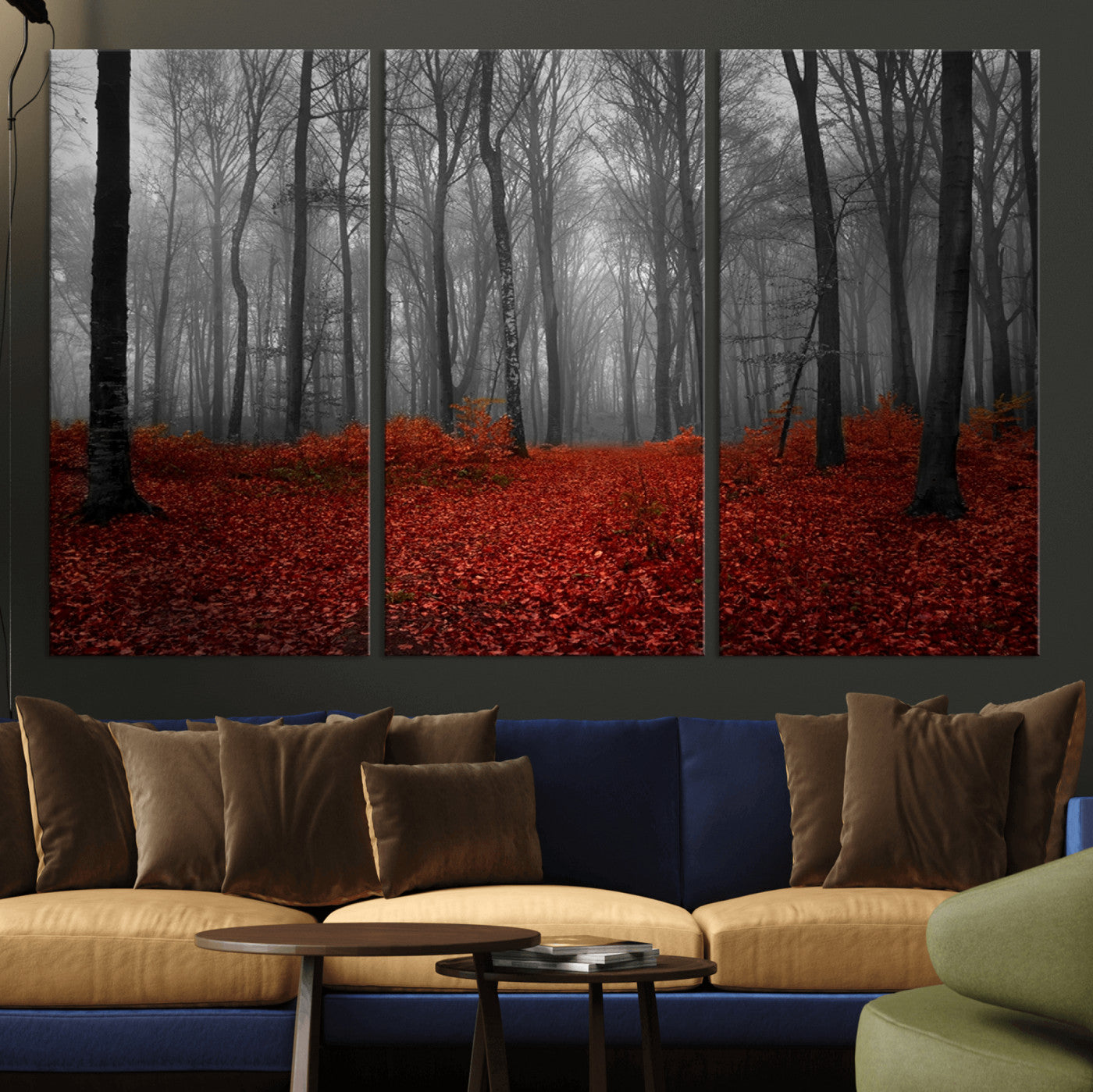 Red Forest Floor Canvas Wall Art – Mystical Foggy Woodland