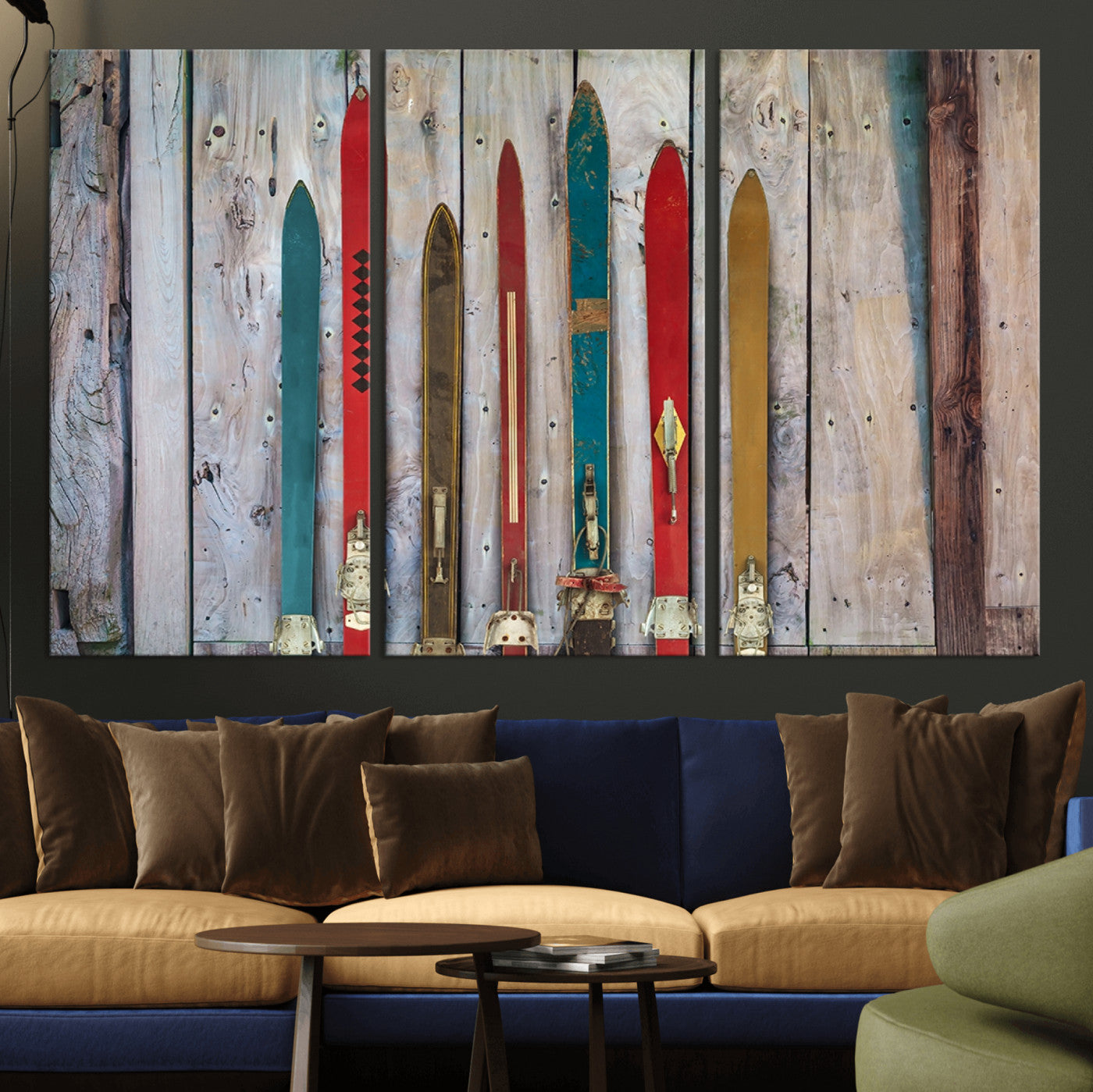 Vintage Wooden Weathered Ski's in Front of an Old Barn Wall