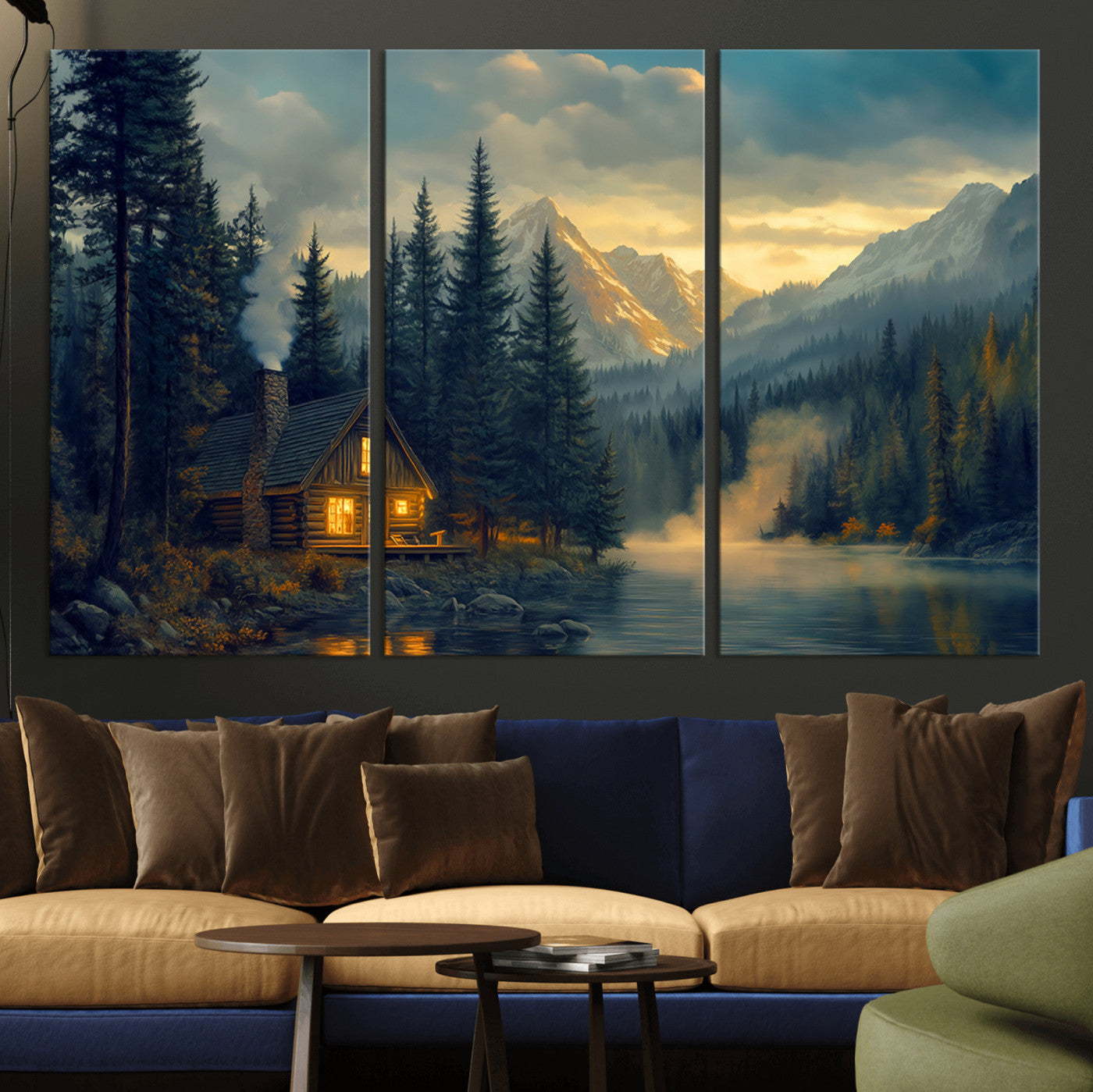 Mountain Cabin by the Lake at Sunset Wall Art - Serene