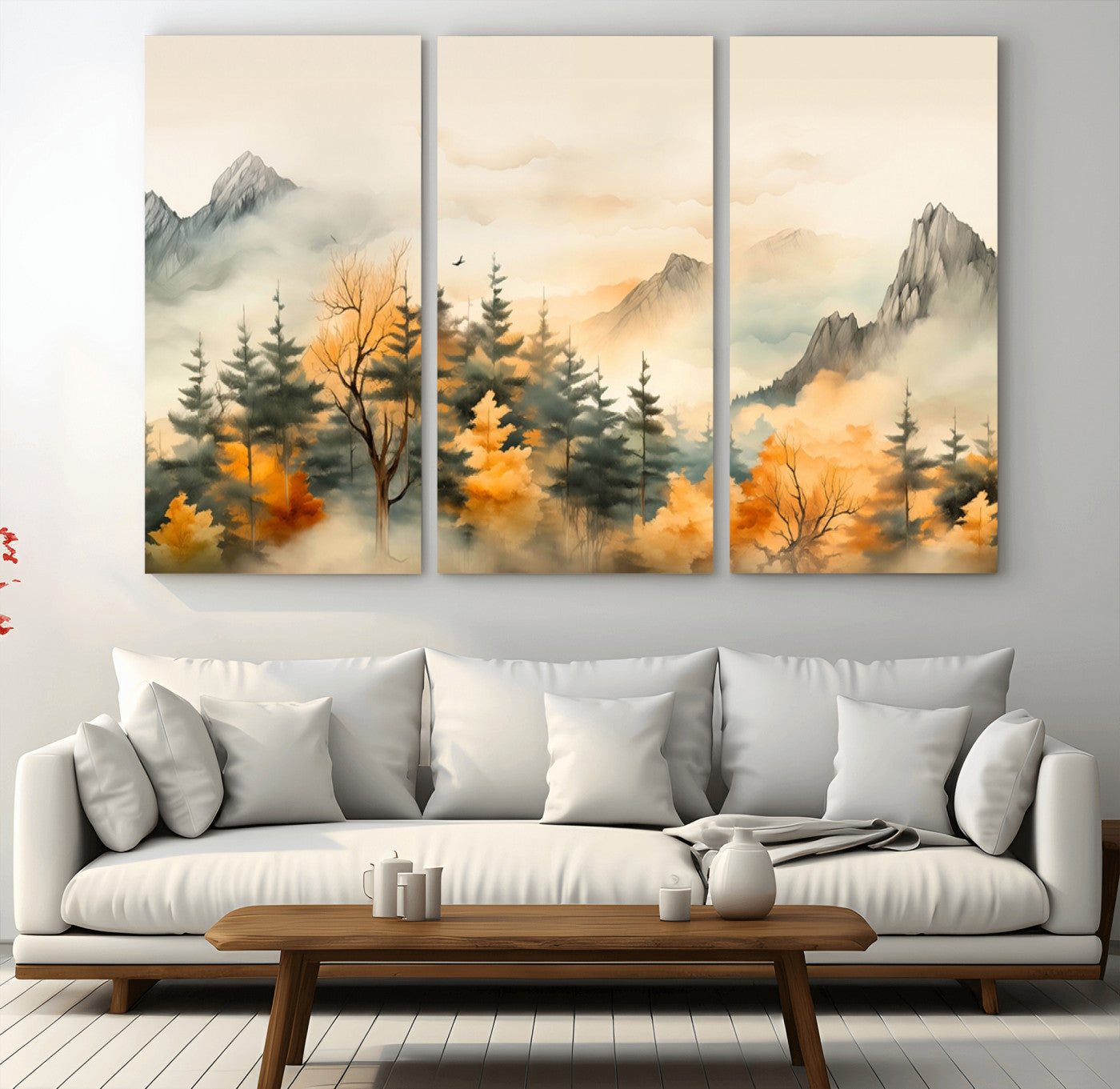 Abstract Watercolor Mountains and Trees Autumn Art,
