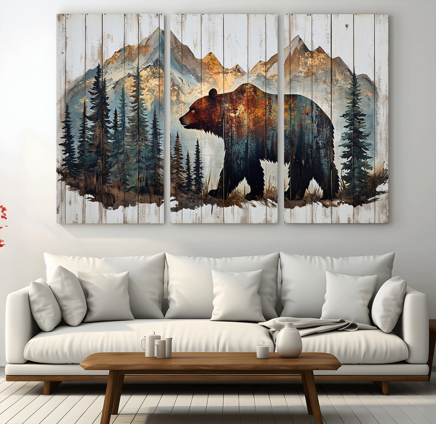 Rustic Grizzly 399 Bear and Mountain Wood Canvas Wall Art -