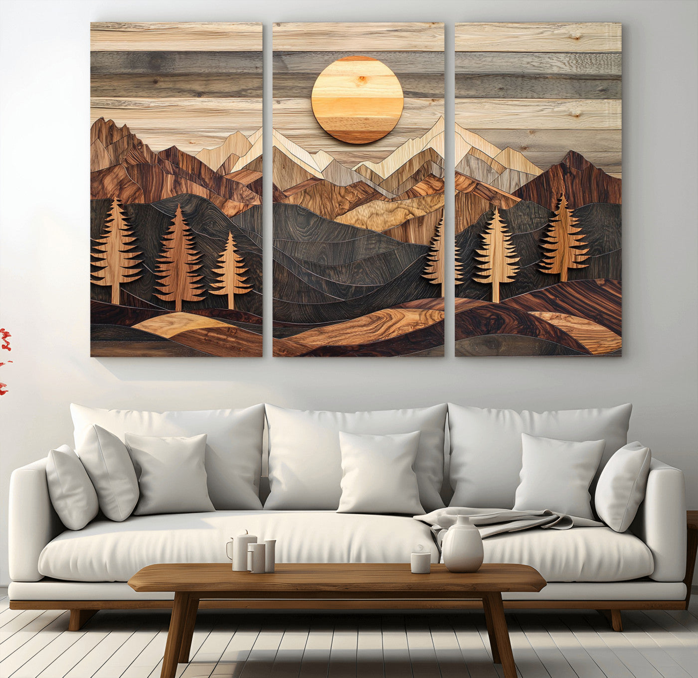 Wooden Mountain Layers Art – Rustic Pine Tree Landscape