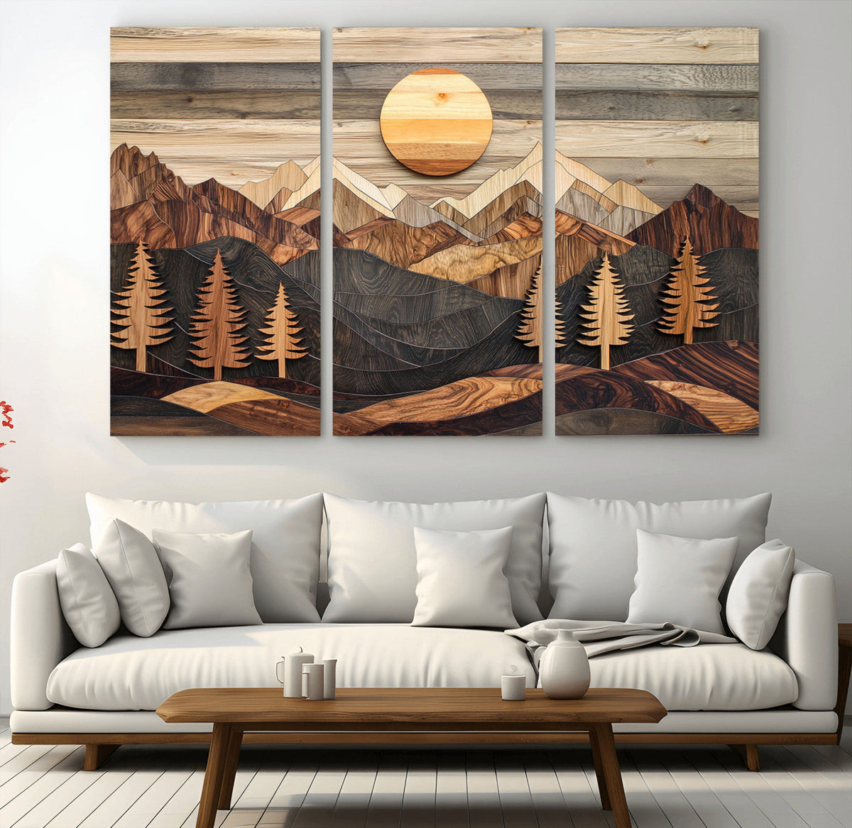 Wooden Mountain Layers Art – Rustic Pine Tree Landscape