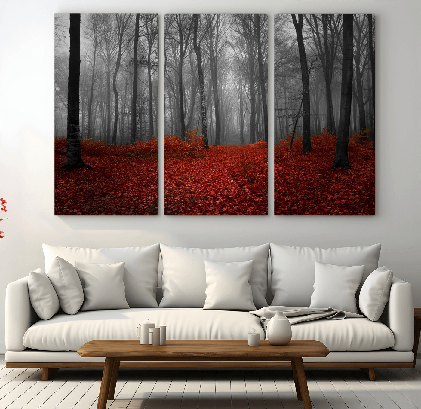 Red Forest Floor Canvas Wall Art – Mystical Foggy Woodland