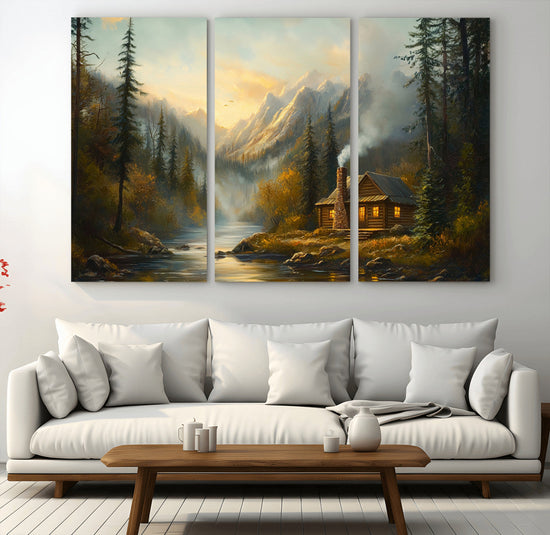 Wood Cabin Retreat Mountain at Sunset Wall Art Print -