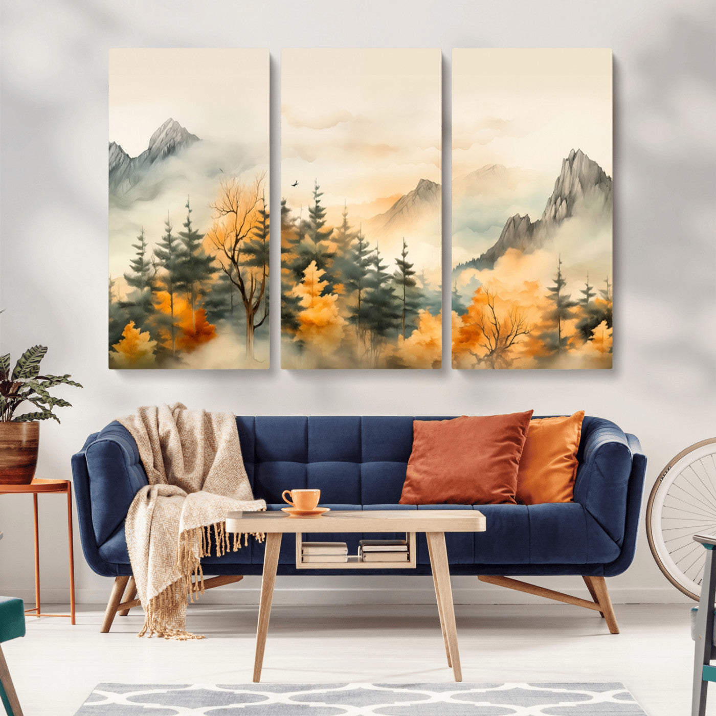 Abstract Watercolor Mountains and Trees Autumn Art,