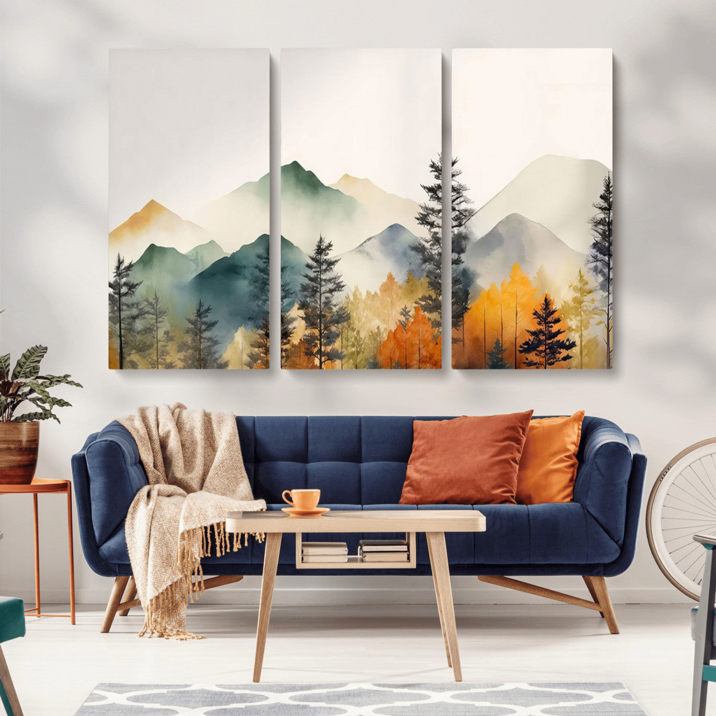 Abstract Watercolor Mountains and Trees Autumn Wall Art,