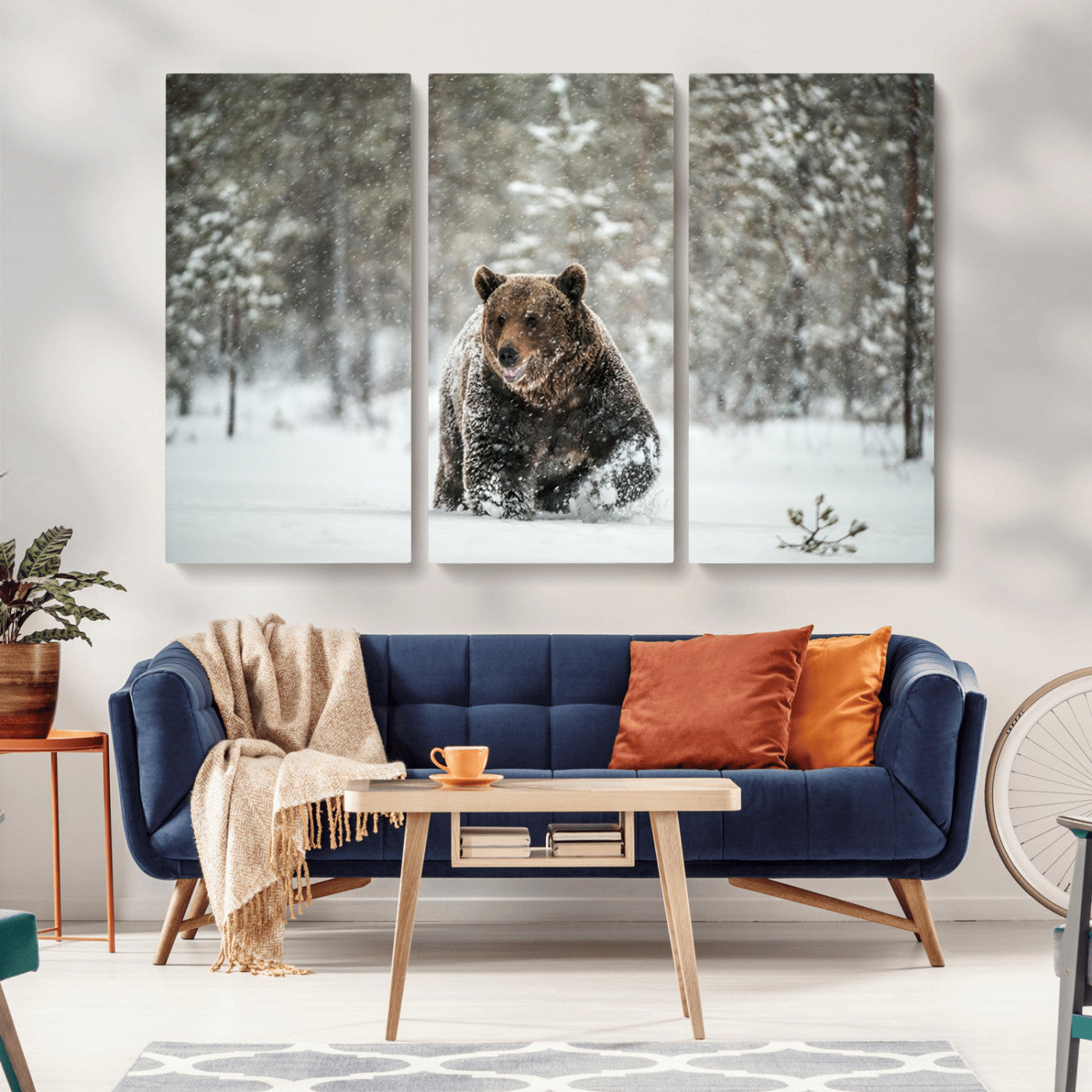 Grizzly Bear Wall Art – Framed Snowy Forest Canvas Artwork,