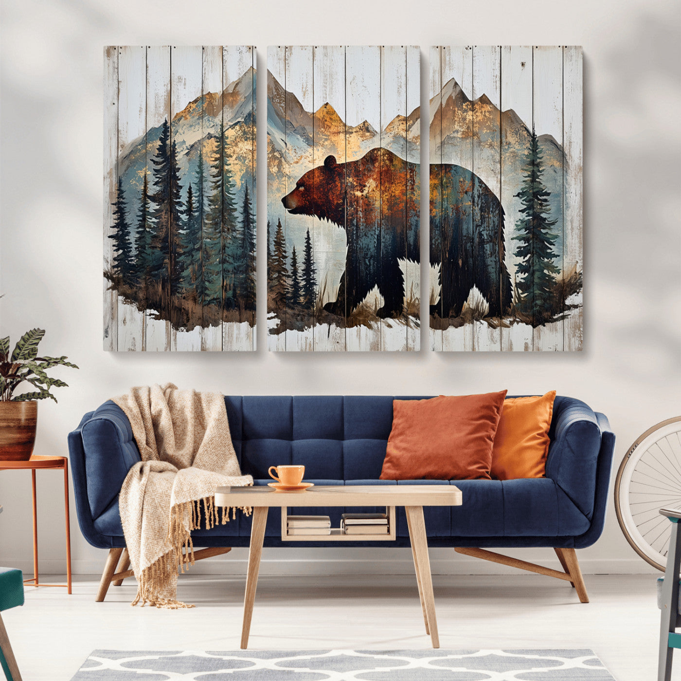 Rustic Grizzly 399 Bear and Mountain Wood Canvas Wall Art -