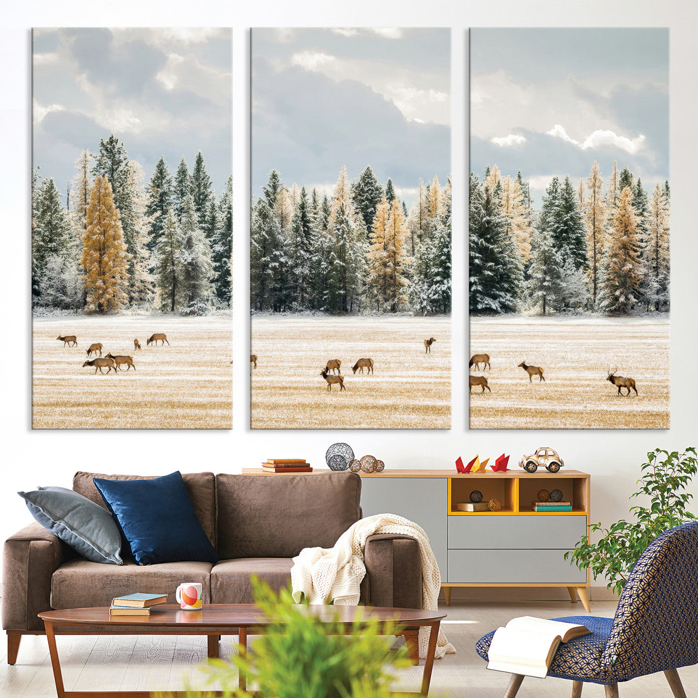 Elk Herd Wall Art – Framed Snowy Forest Canvas Artwork,