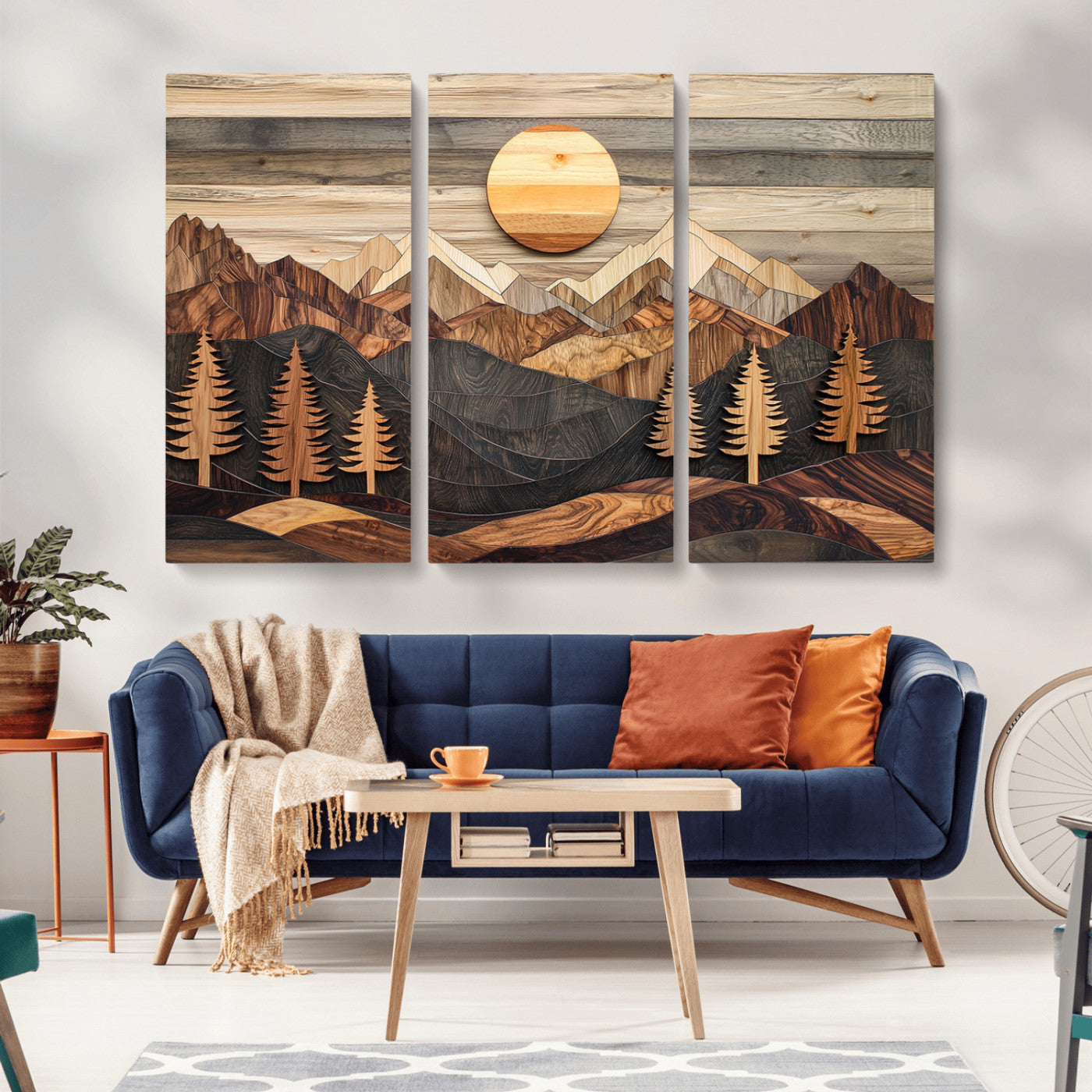 Wooden Mountain Layers Art – Rustic Pine Tree Landscape