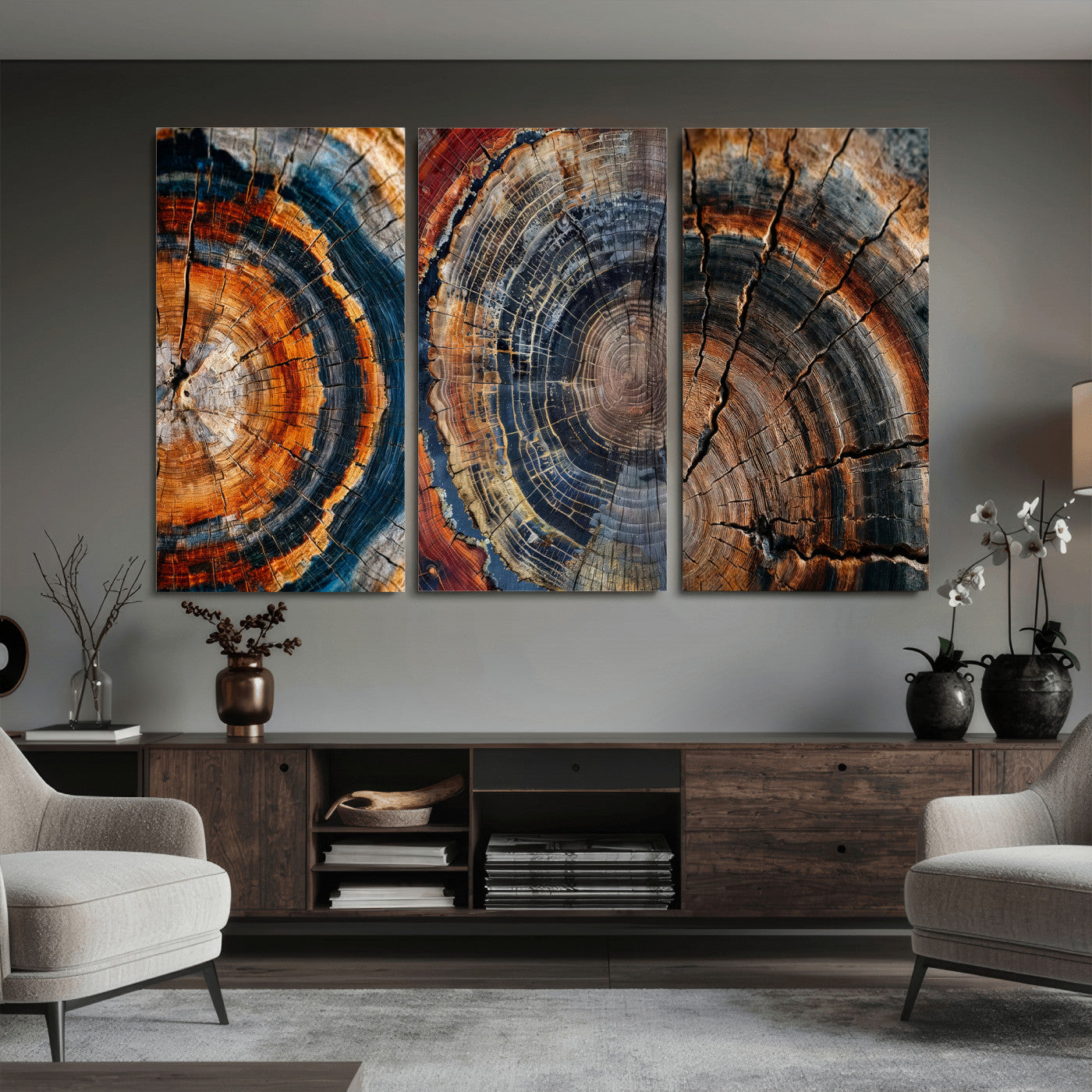 Tree Ring Triptych Canvas Wall Art — Set of 3 Wood Grain