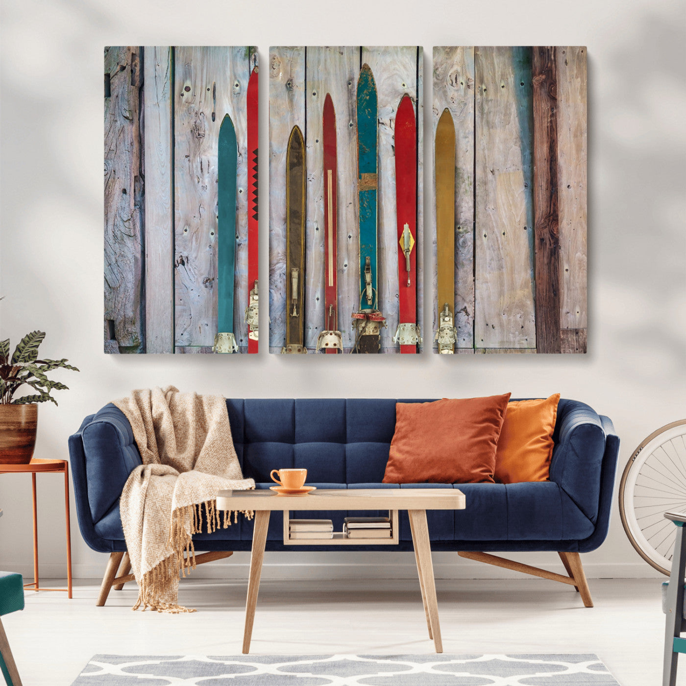 Vintage Wooden Weathered Ski's in Front of an Old Barn Wall