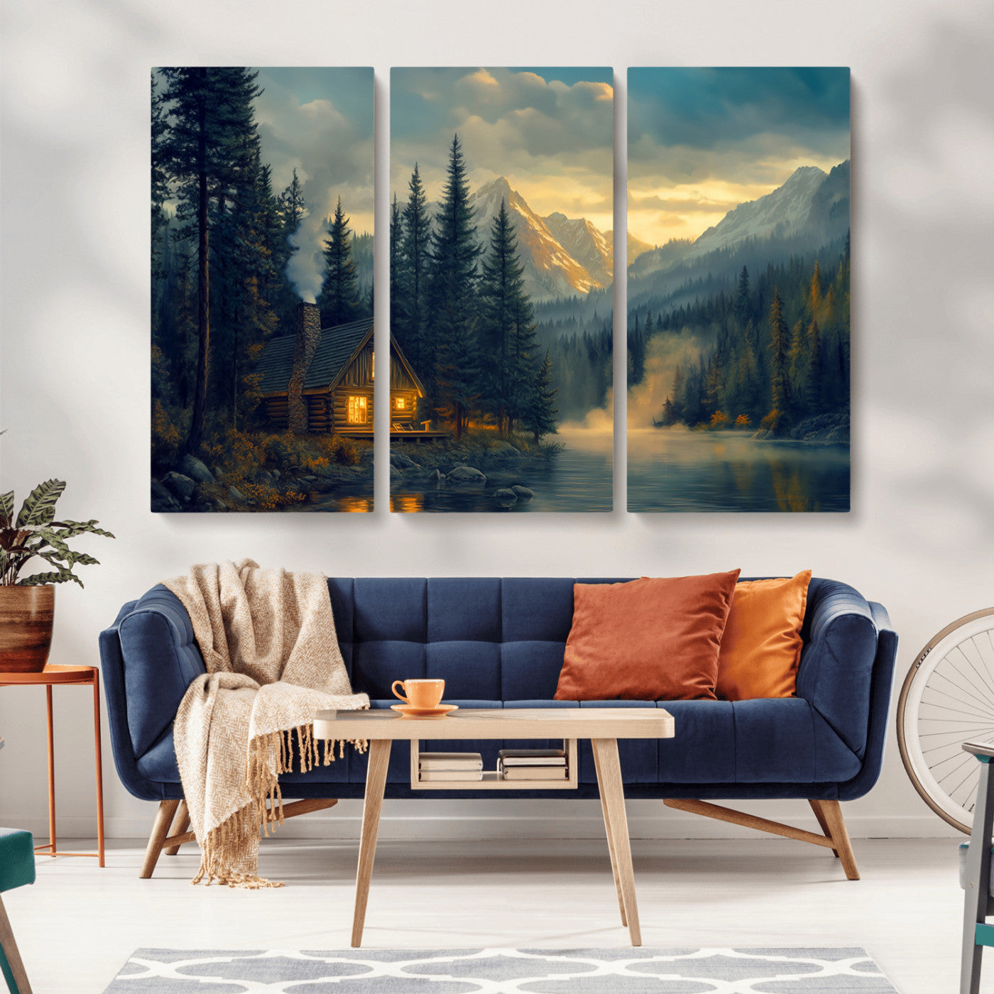 Mountain Cabin by the Lake at Sunset Wall Art - Serene