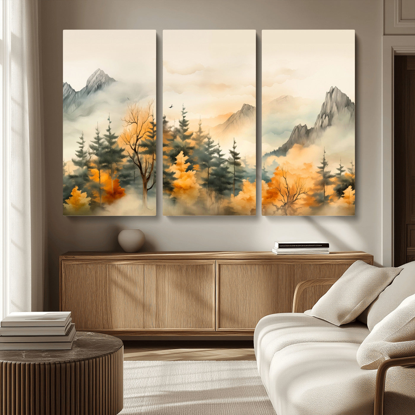 Abstract Watercolor Mountains and Trees Autumn Art,