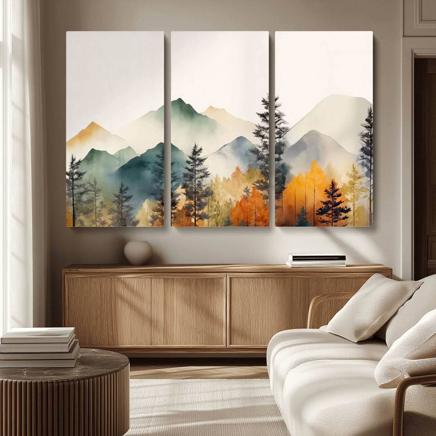 Abstract Watercolor Mountains and Trees Autumn Wall Art,