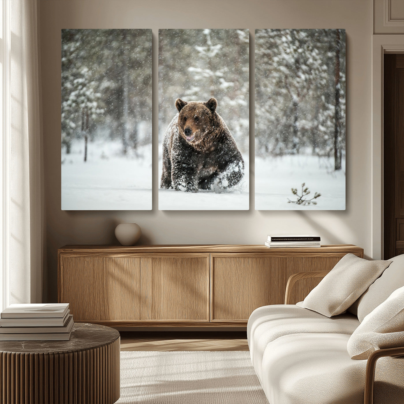 Grizzly Bear Wall Art – Framed Snowy Forest Canvas Artwork,