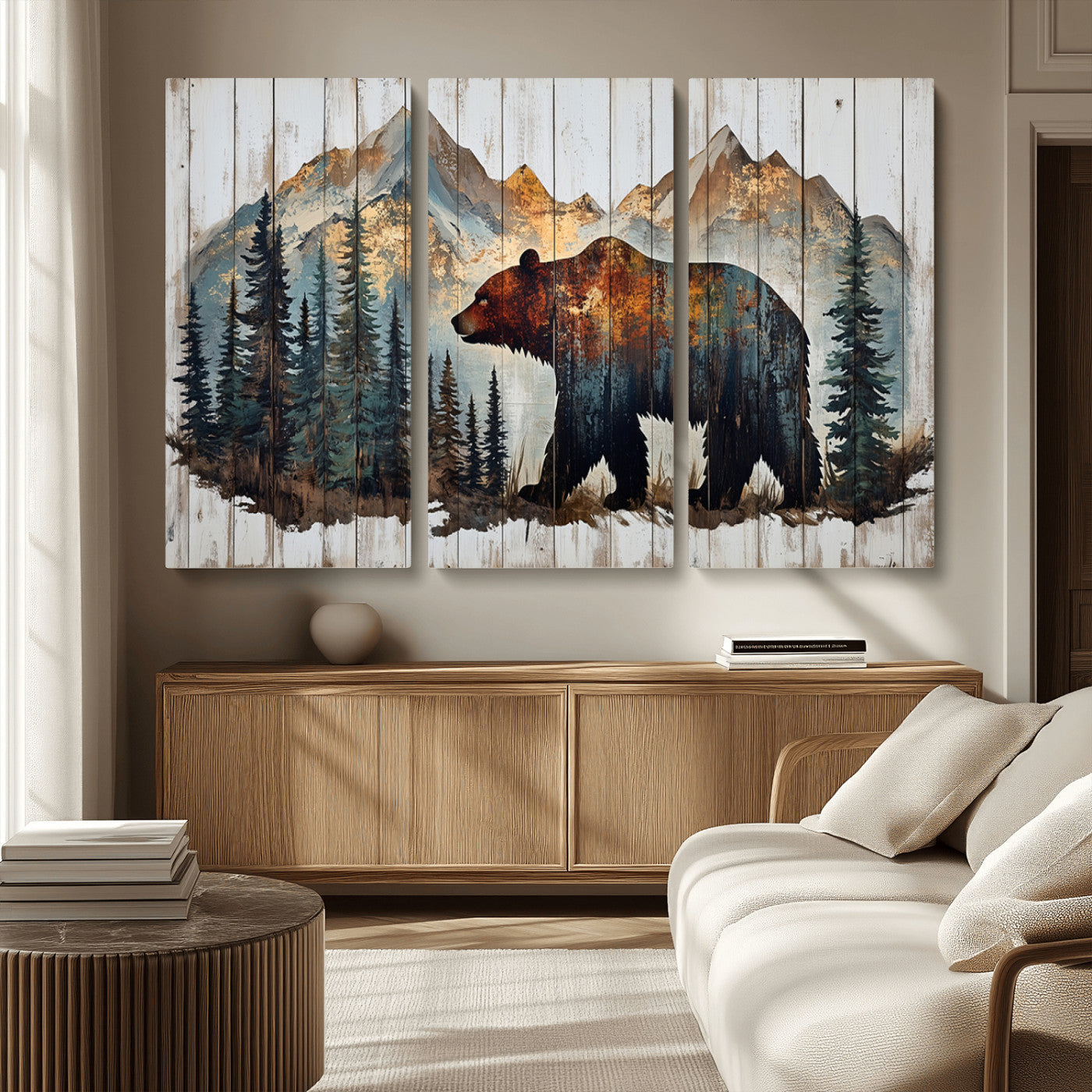Rustic Grizzly 399 Bear and Mountain Wood Canvas Wall Art -