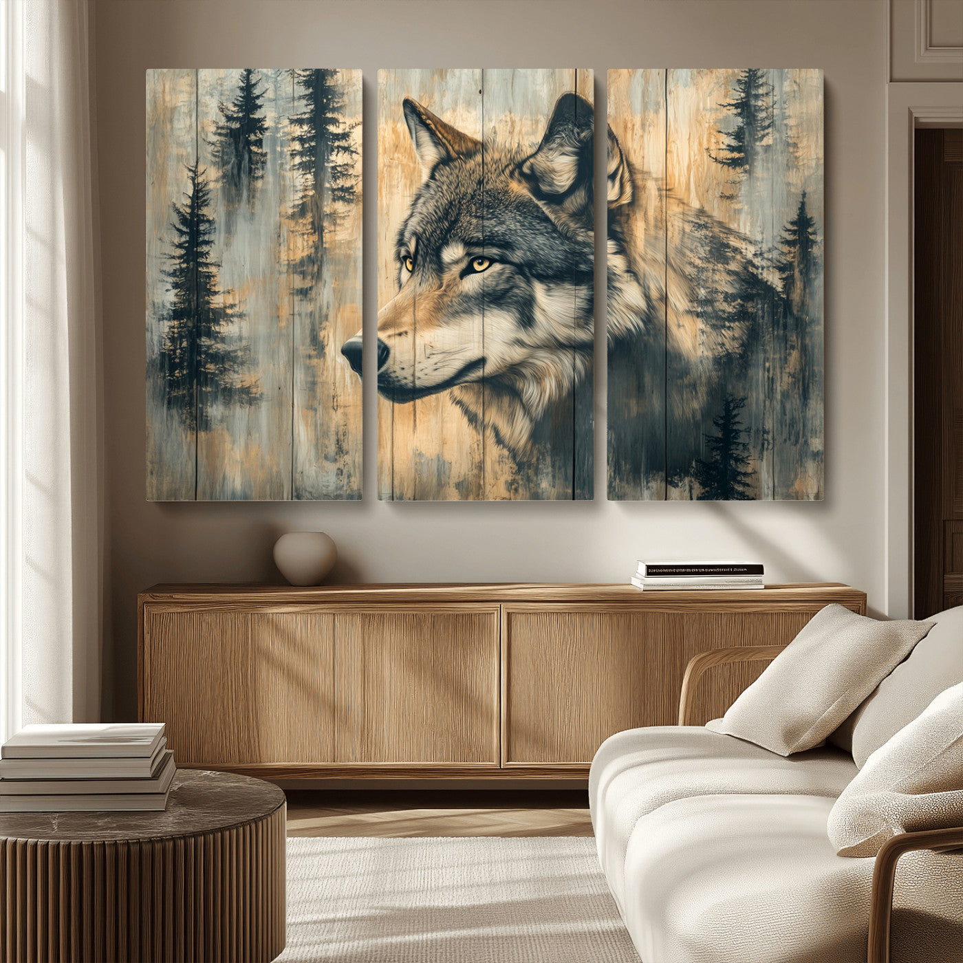 Wood Style Rustic Wolf Wall Art Canvas Print, Vintage