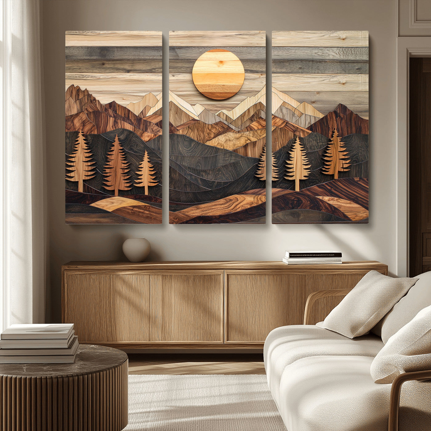 Wooden Mountain Layers Art – Rustic Pine Tree Landscape