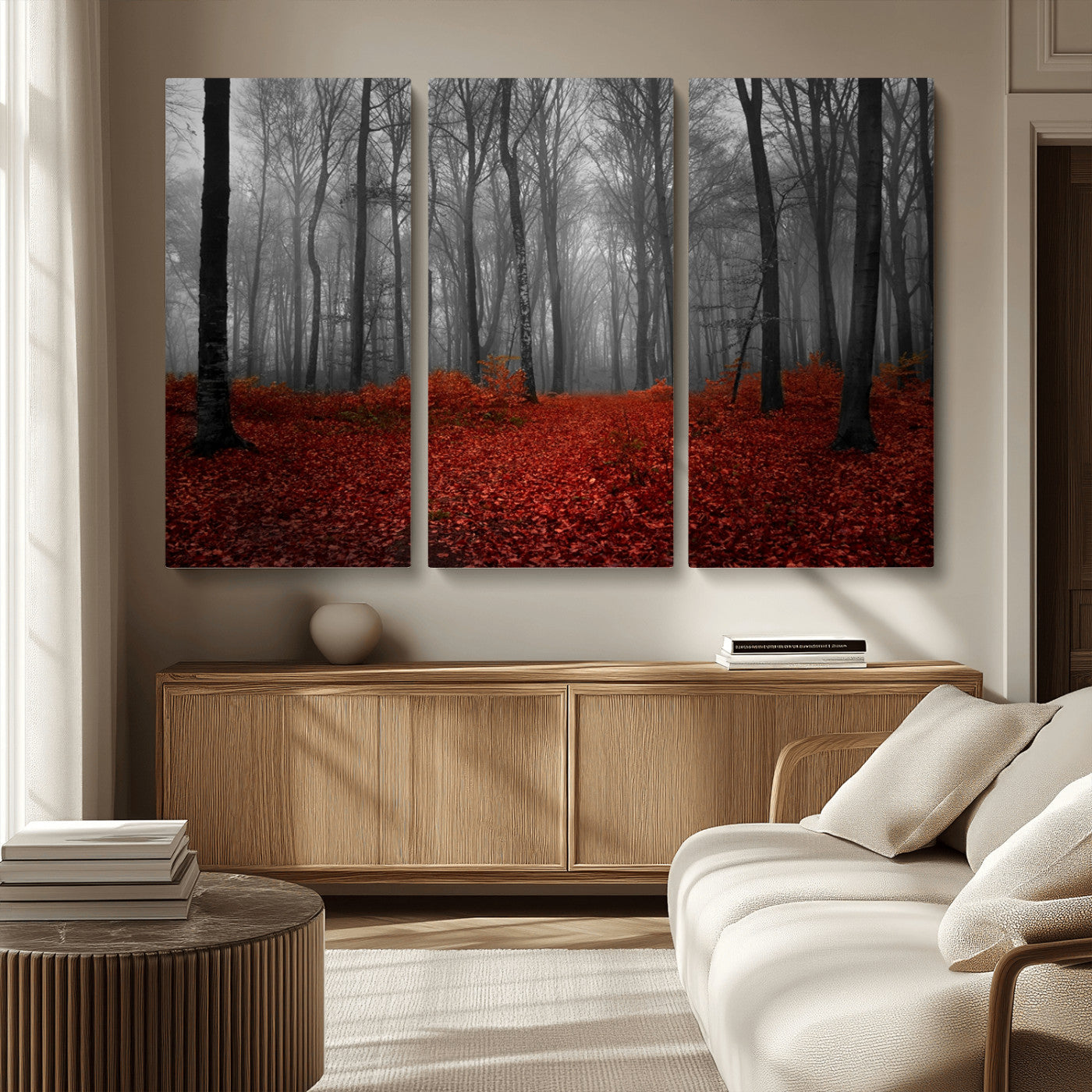 Red Forest Floor Canvas Wall Art – Mystical Foggy Woodland