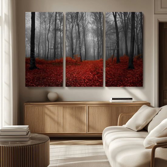 Red Forest Floor Canvas Wall Art – Mystical Foggy Woodland