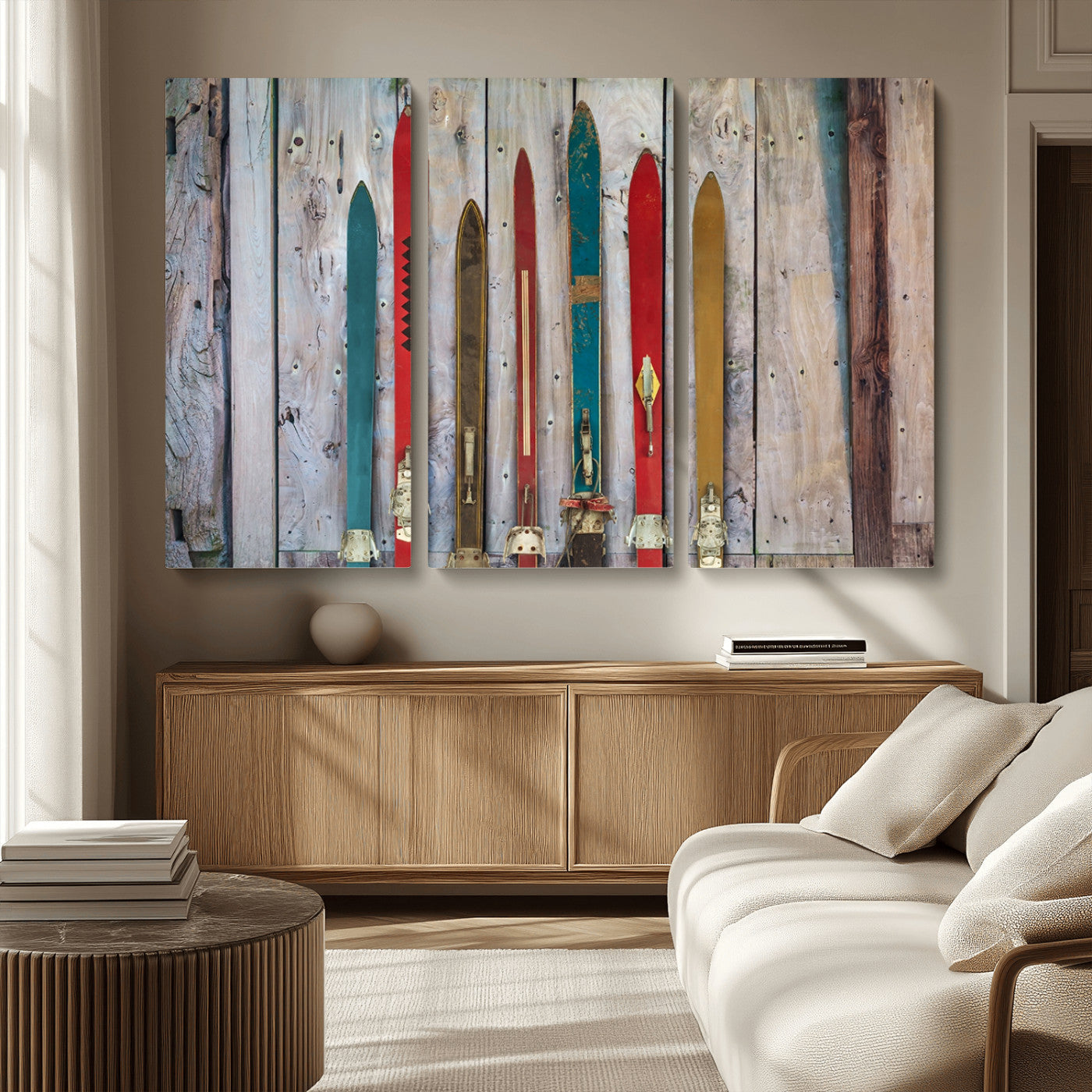 Vintage Wooden Weathered Ski's in Front of an Old Barn Wall