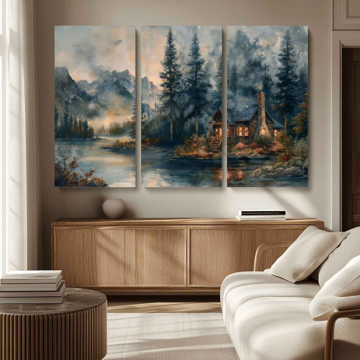 Rustic Cabin Woods Wall Art Print | Lake in a Forest Canvas