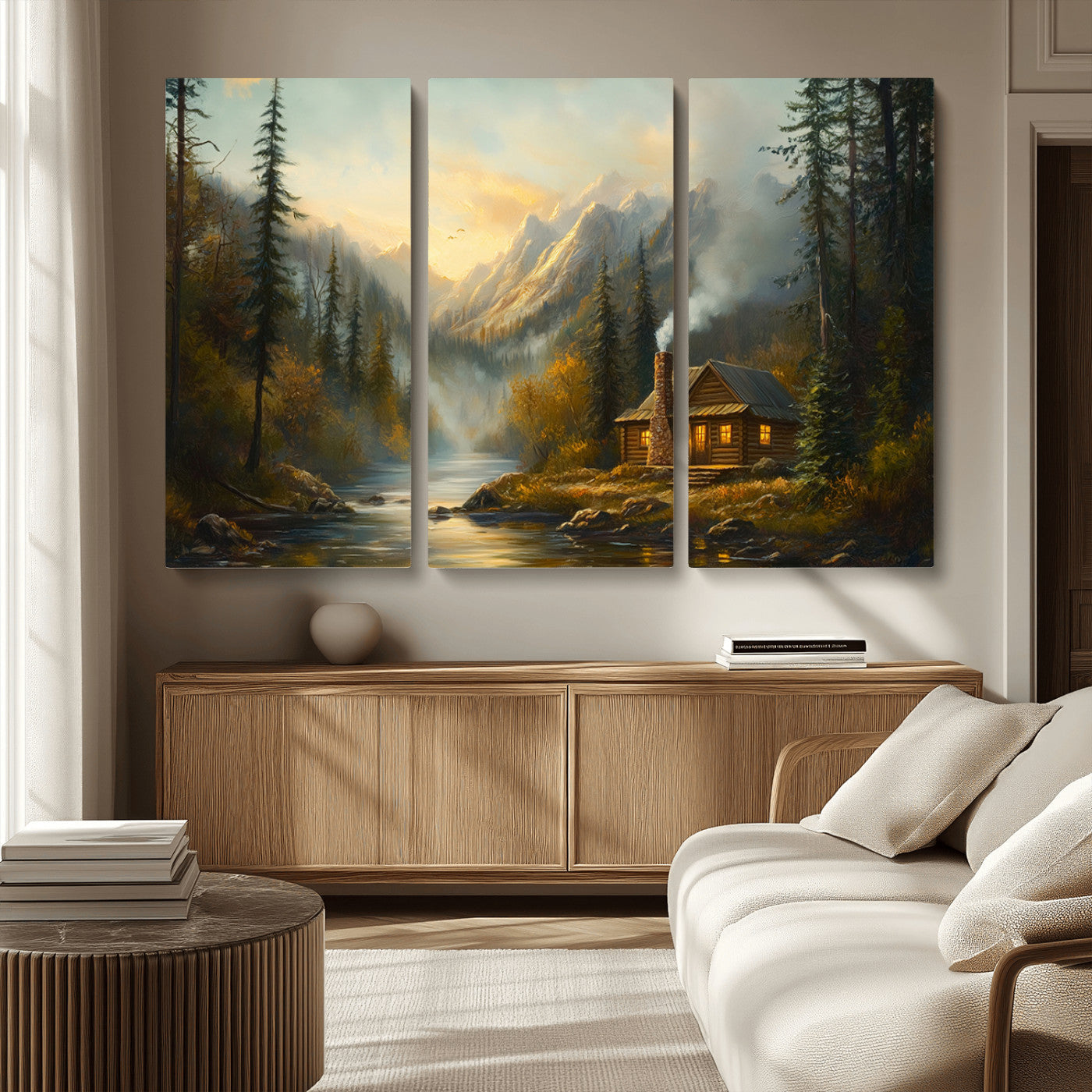 Wood Cabin Retreat Mountain at Sunset Wall Art Print -
