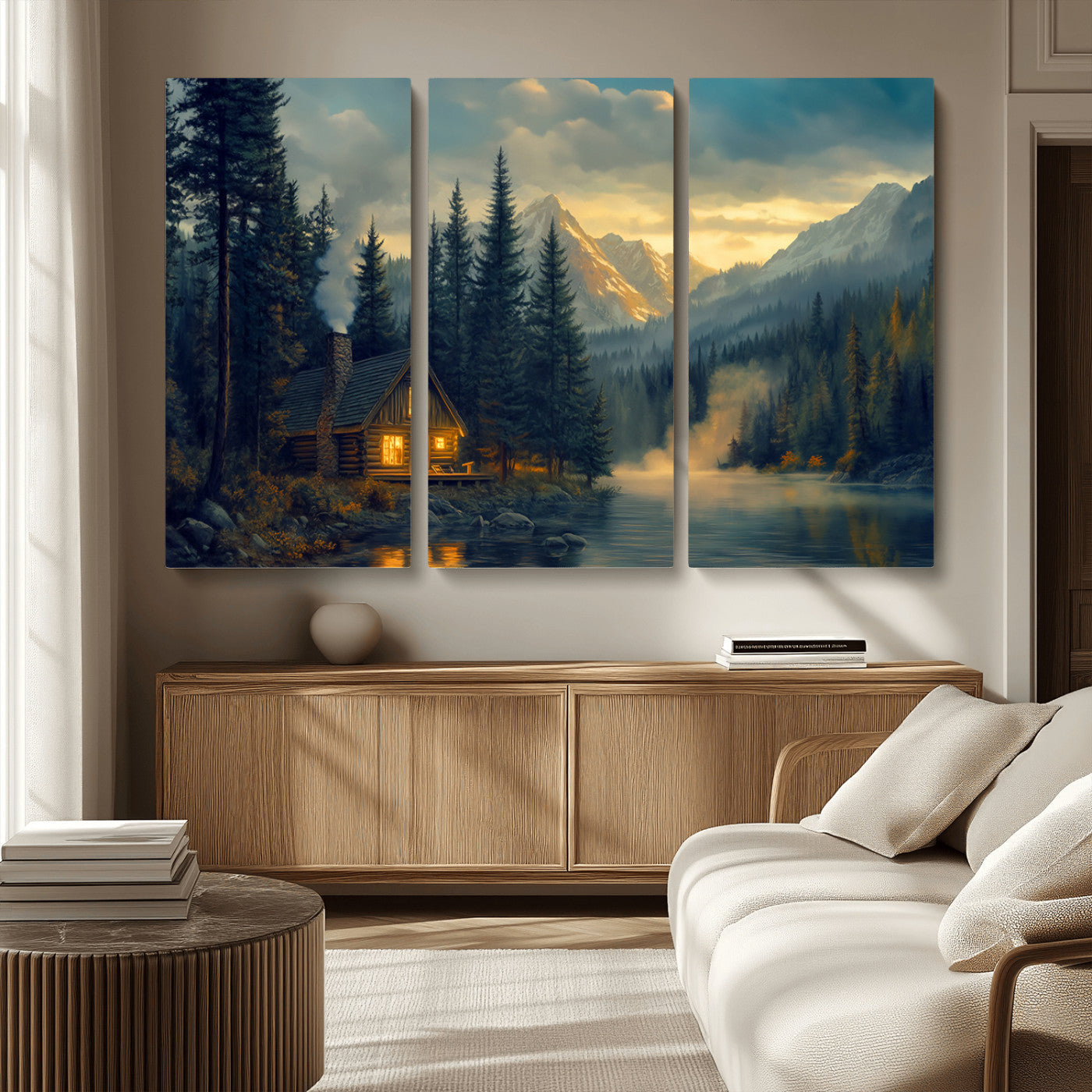 Mountain Cabin by the Lake at Sunset Wall Art - Serene